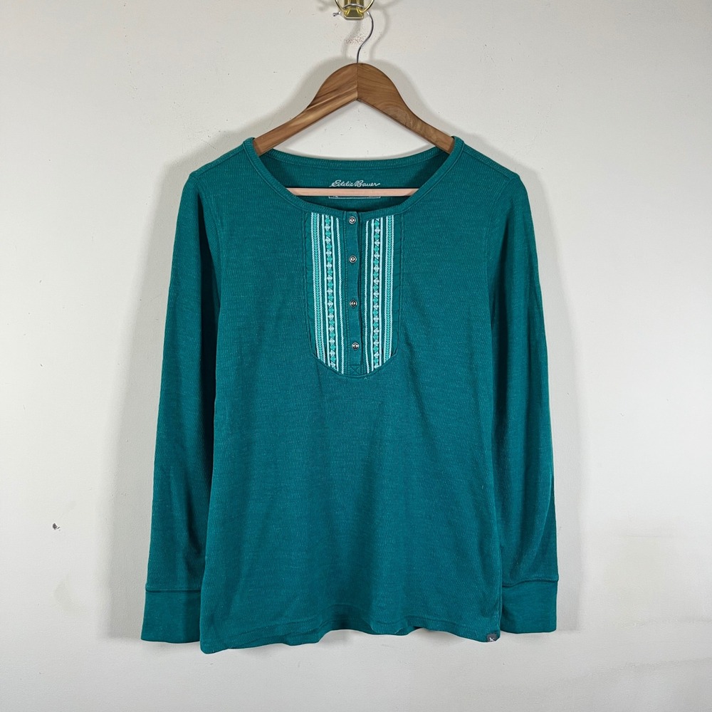 Eddie Bauer Long Sleeve Henley Shirt Embroidered Teal Gorpcore Western Medium